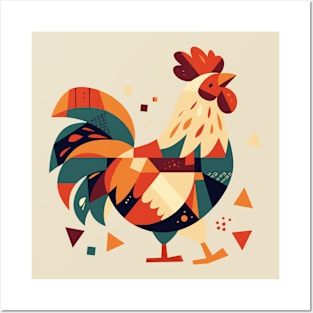 Geometrical Colorful Rooster. Adorable Mosaic Cute Kawaii Simple Bird Posters and Art